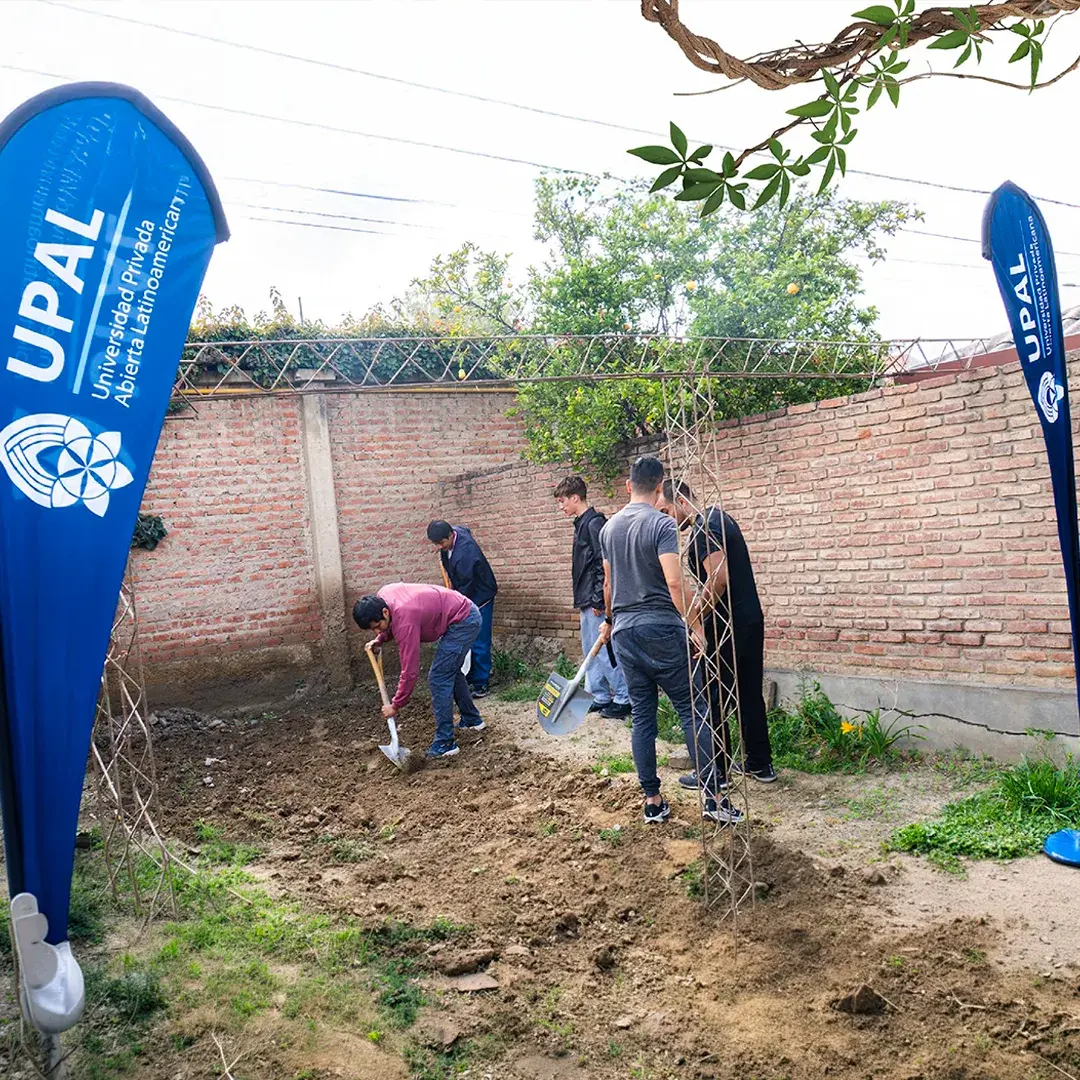 Estudiantes de la UPAL cavando con palas en una jornada de plantación